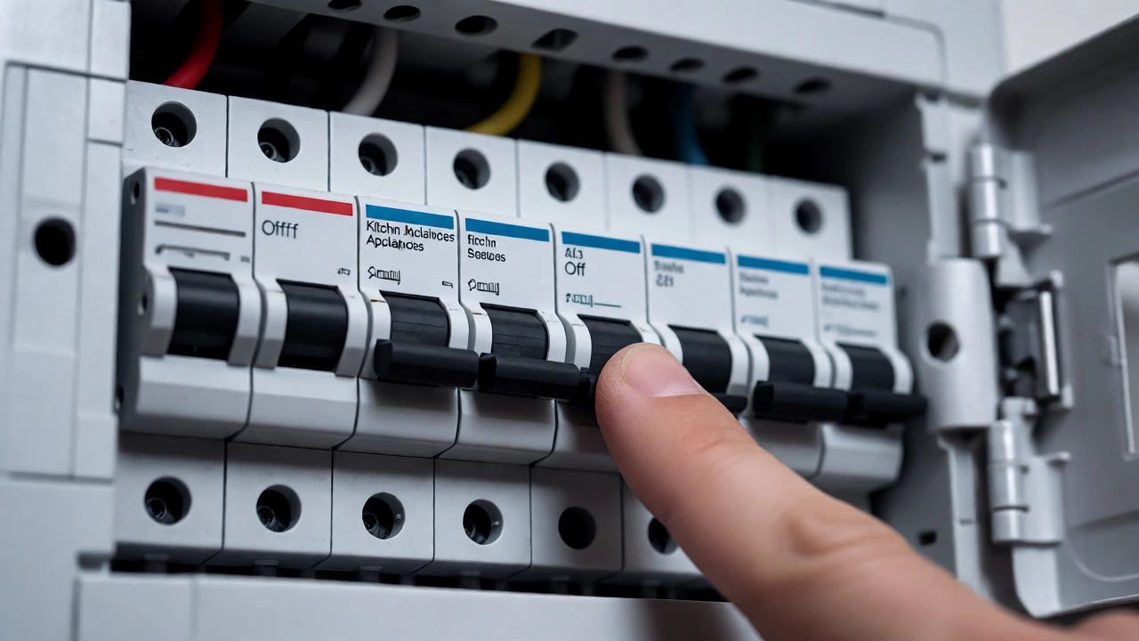 A hand flips a circuit breaker off at a home switchboard to reset the hob.