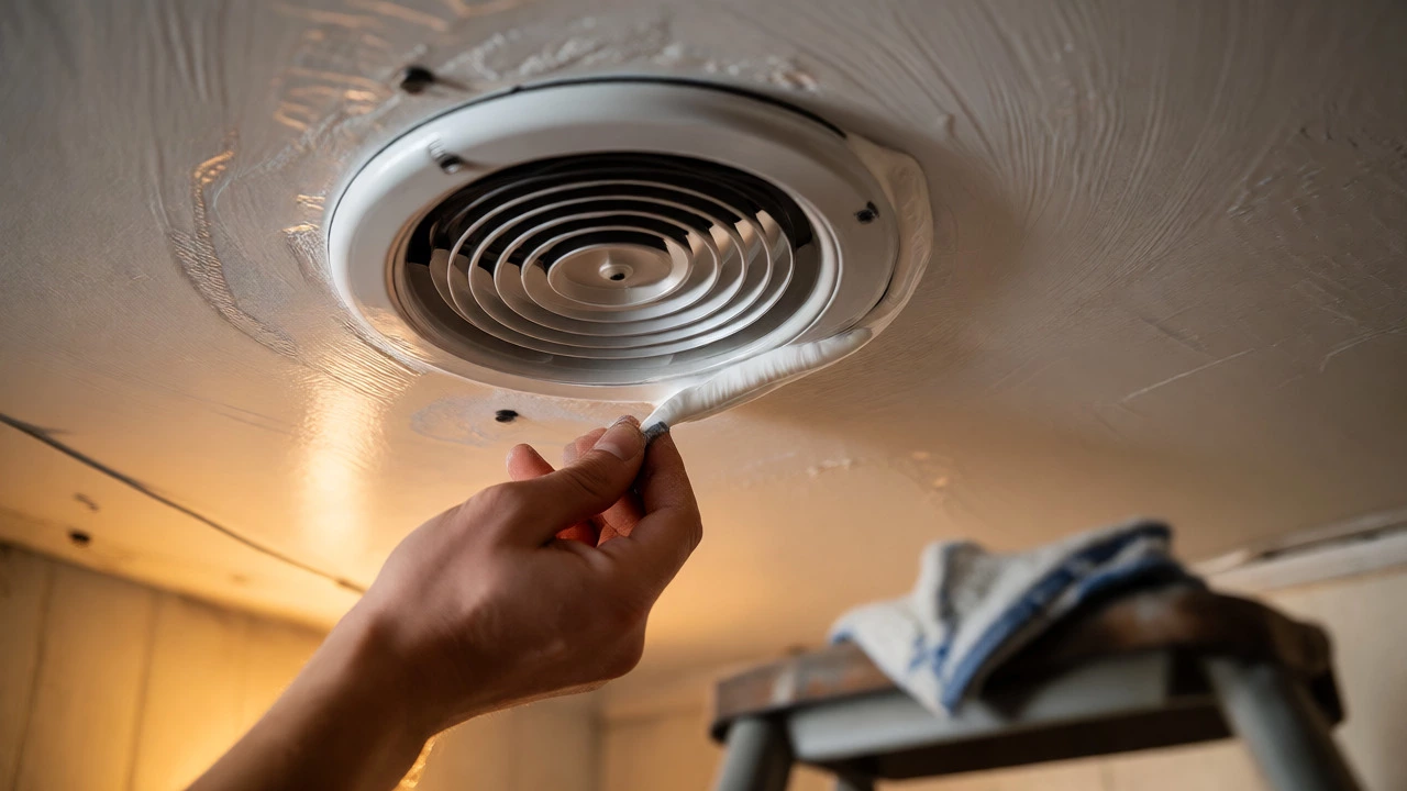 Applying silicone sealant around a ceiling extractor fan