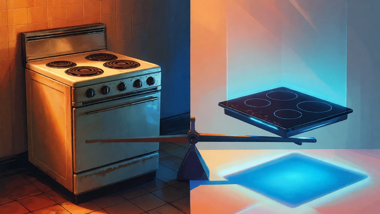 Artistic comparison of vintage coil stove and modern induction hob