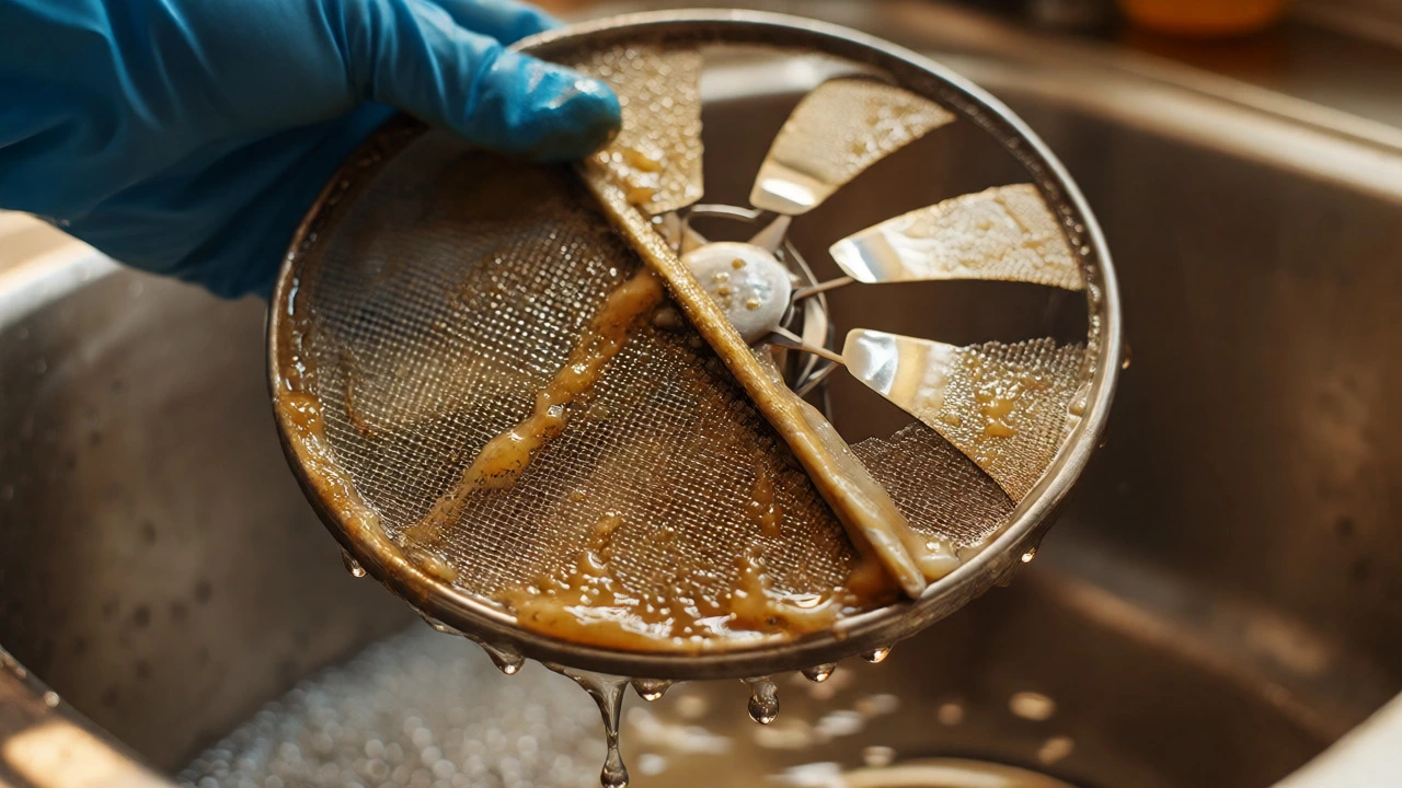 Cleaning a greasy extractor fan filter in soapy water