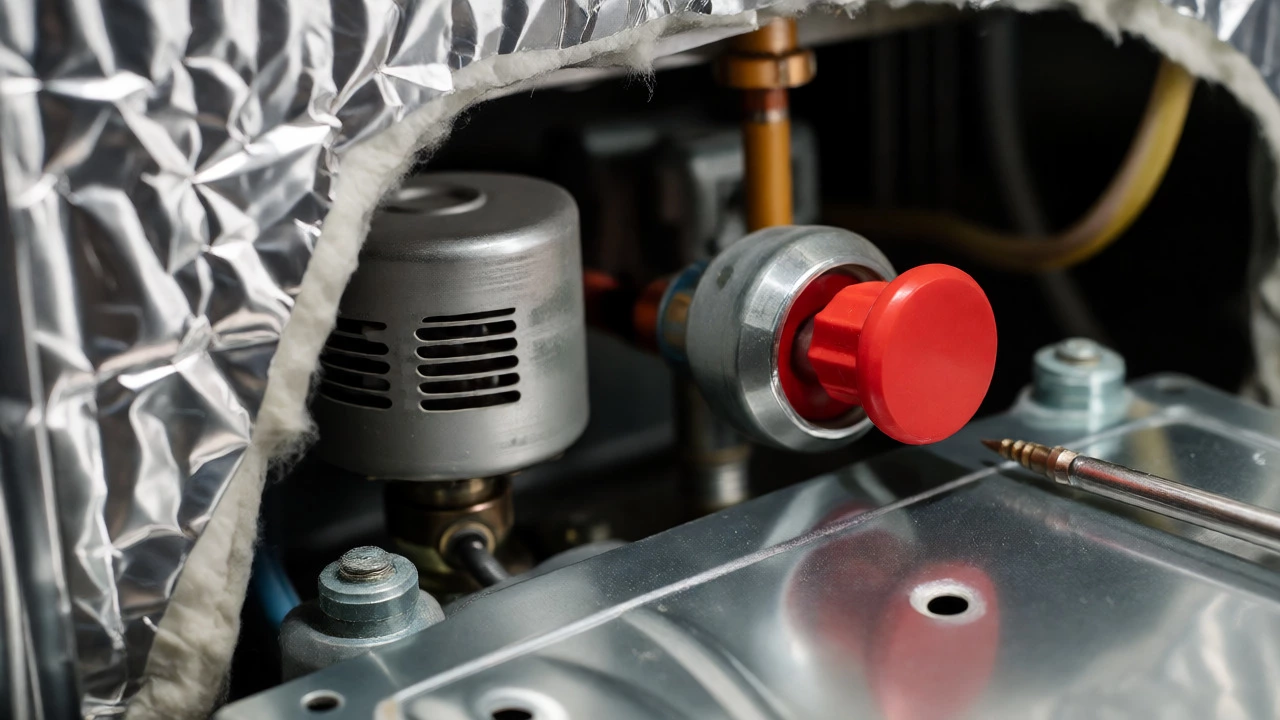 Close-up of a popped red reset button on a water heater thermostat