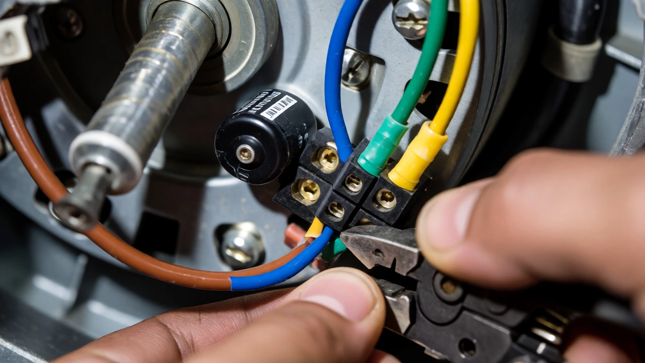 Close-up of disconnecting wires and removing a capacitor from an extractor fan motor.