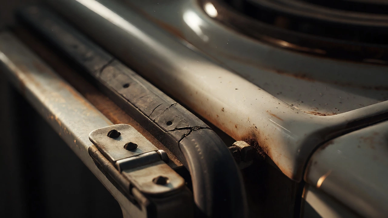 Close-up of worn rubber oven door seal and metal hinge showing age
