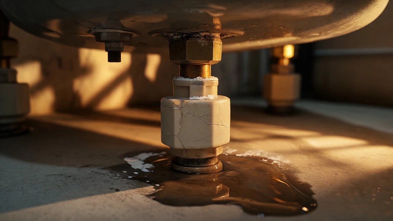 Cracked plastic drain valve leaking onto the floor at the base of a tank.
