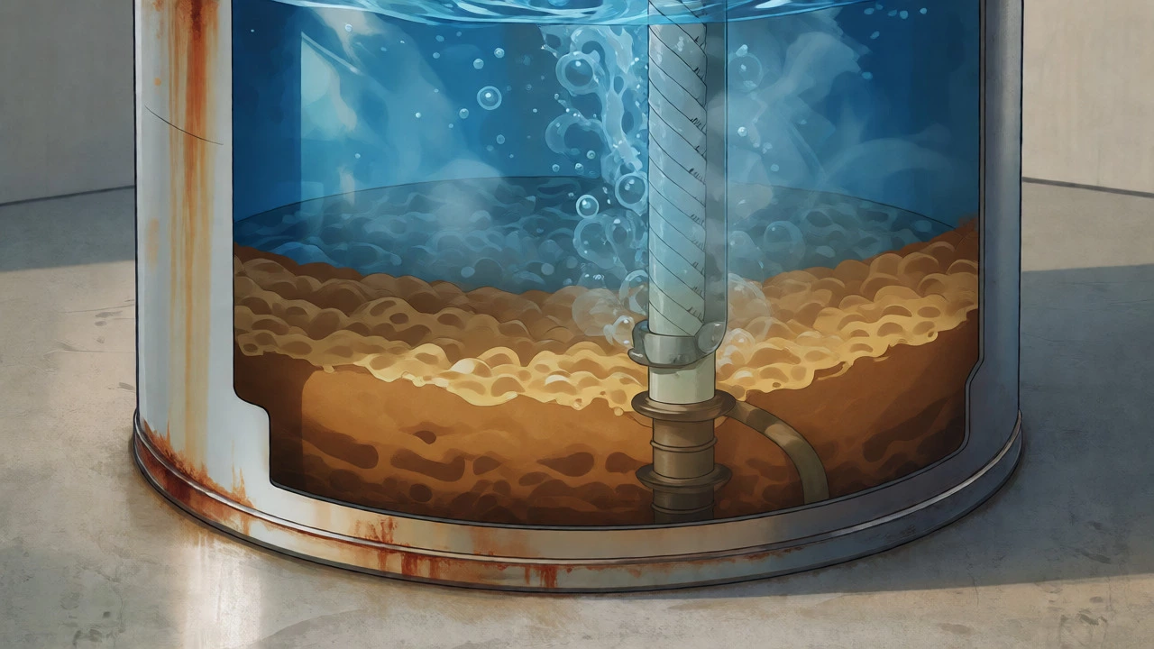 Cross-section of a water heater tank showing heavy sediment buildup