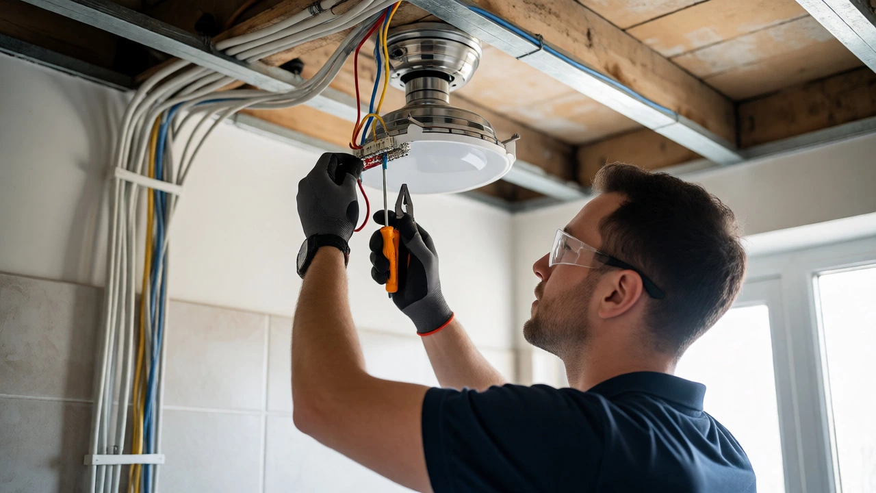 Electrician wiring a bathroom extractor fan in ceiling cavity