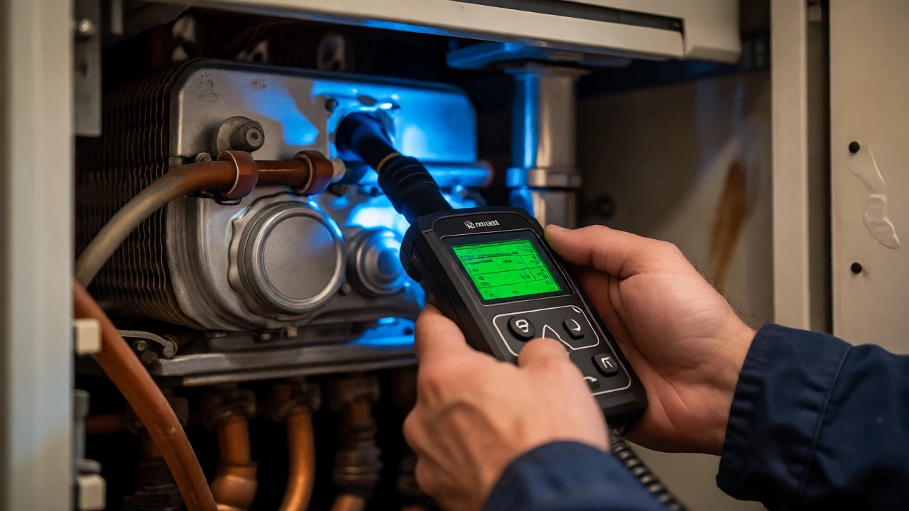 Engineer using a flue gas analyzer on boiler internals