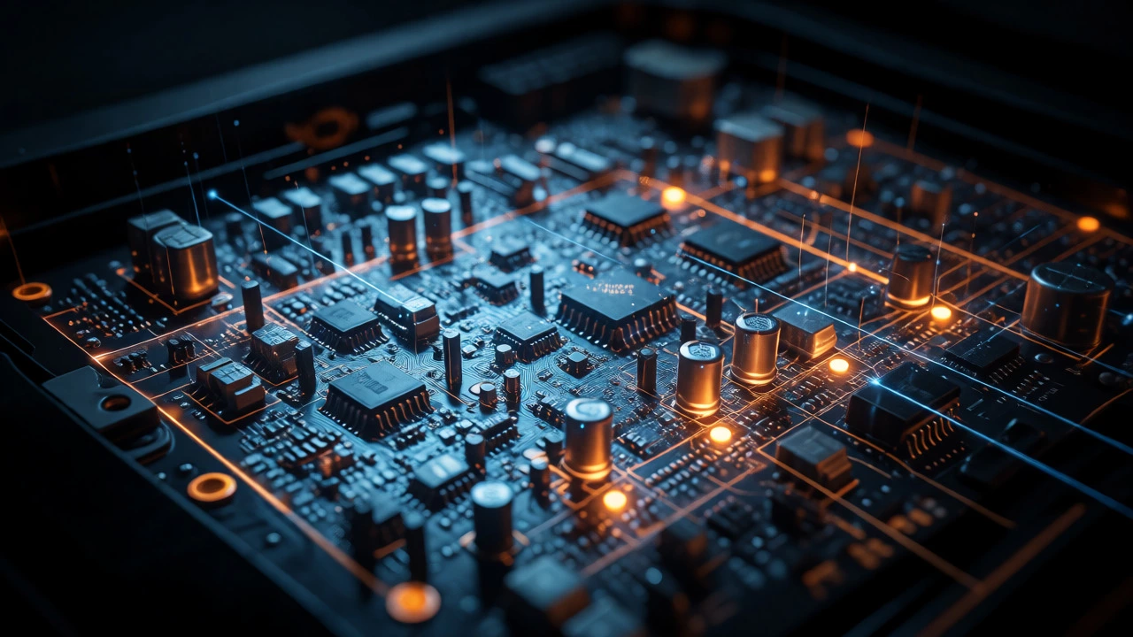 Glowing internal circuit board of an electric hob representing a system reset.