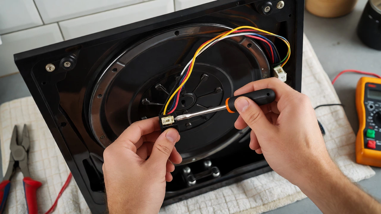 Hands using a screwdriver to disconnect wires from a hob element.