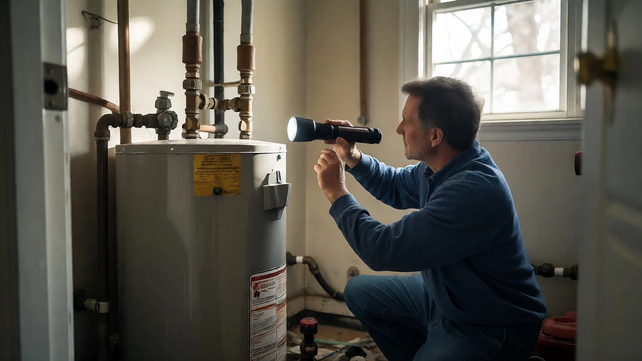 Homeowner using a flashlight to inspect water heater pipe connections.