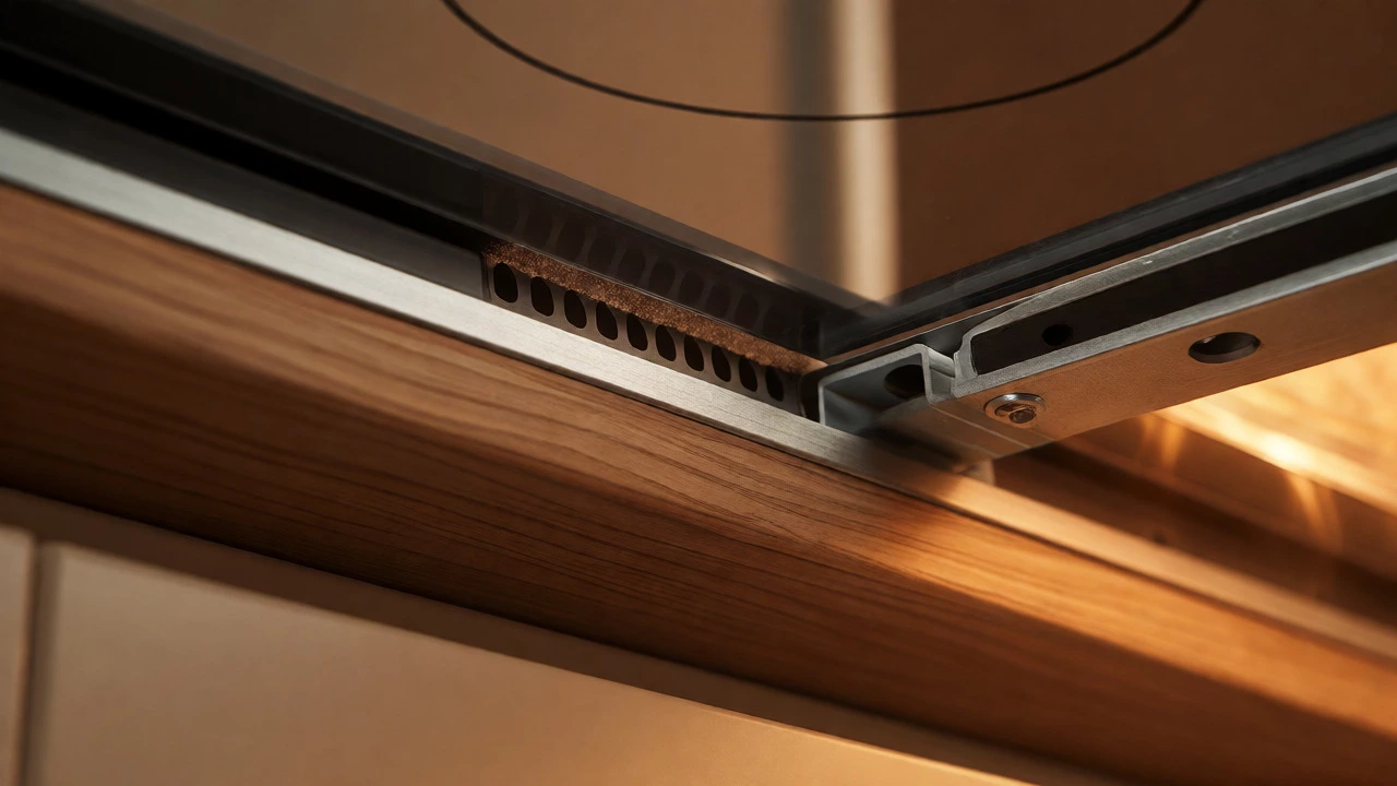 Macro view of electric hob installation showing ventilation gaps