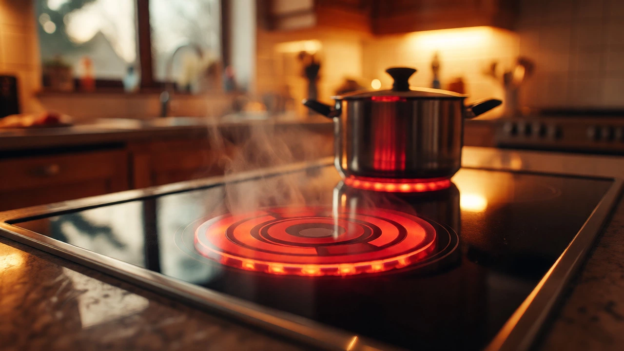 New electric hob element glowing red under a glass top with steam rising.
