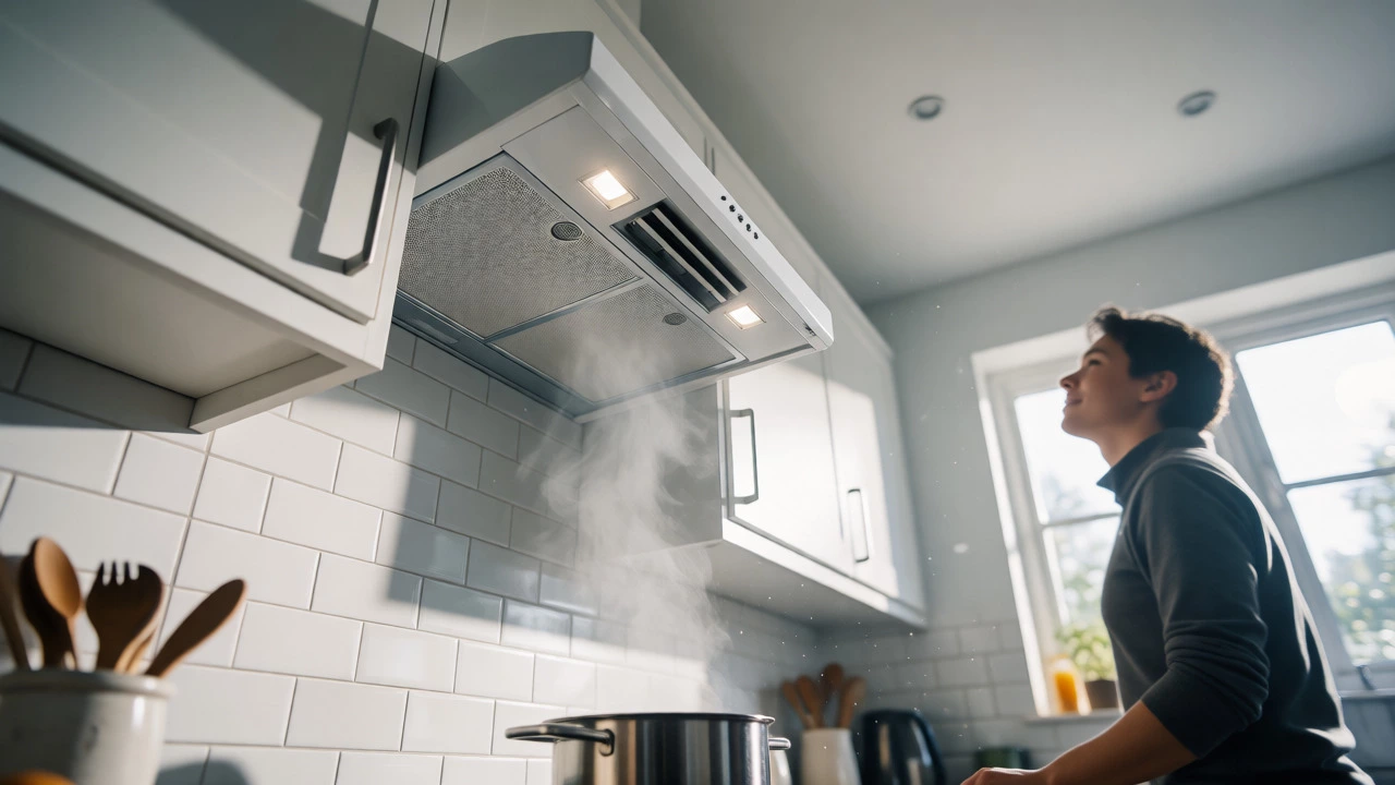 Person admiring a newly repaired kitchen extractor fan clearing steam from cooking.