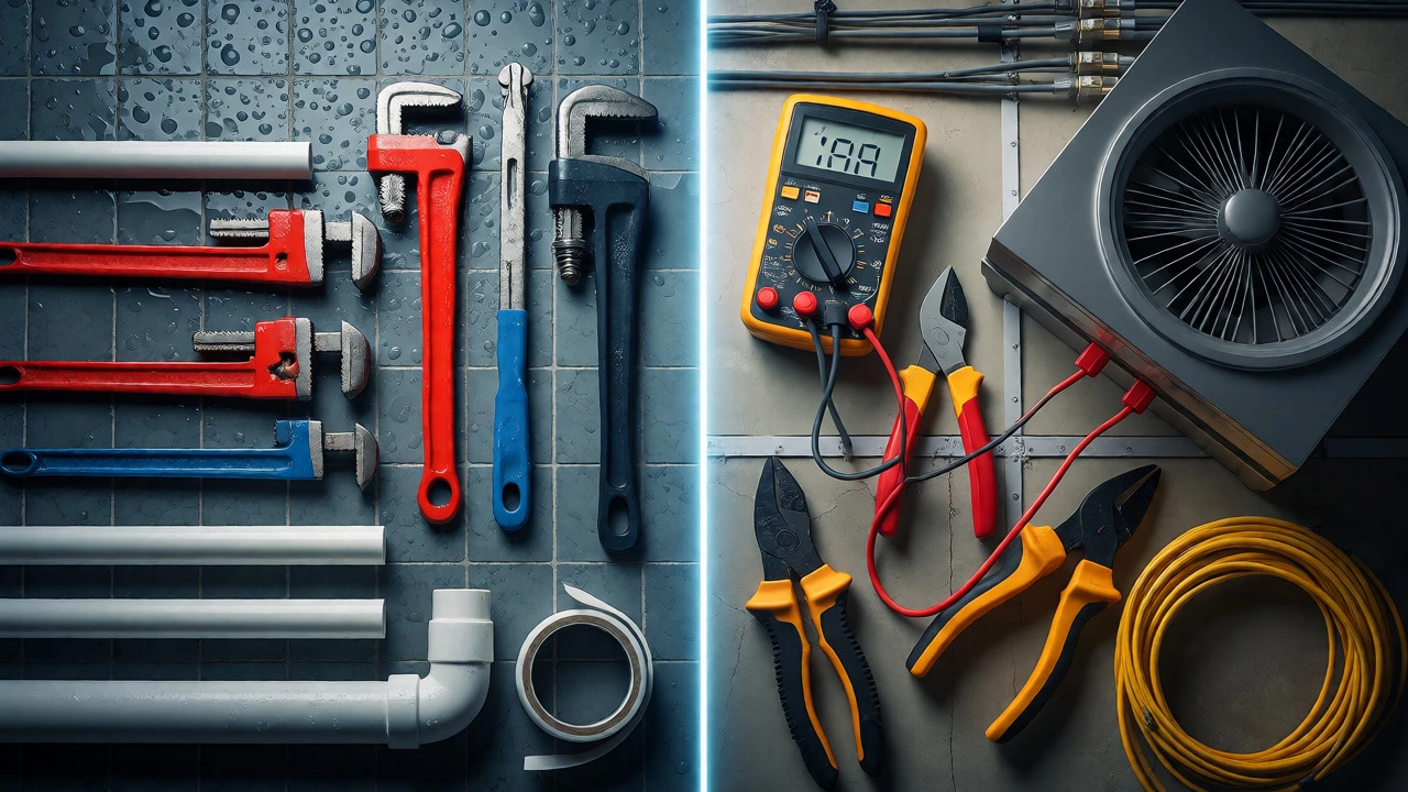 Split image comparing plumber tools and electrician tools