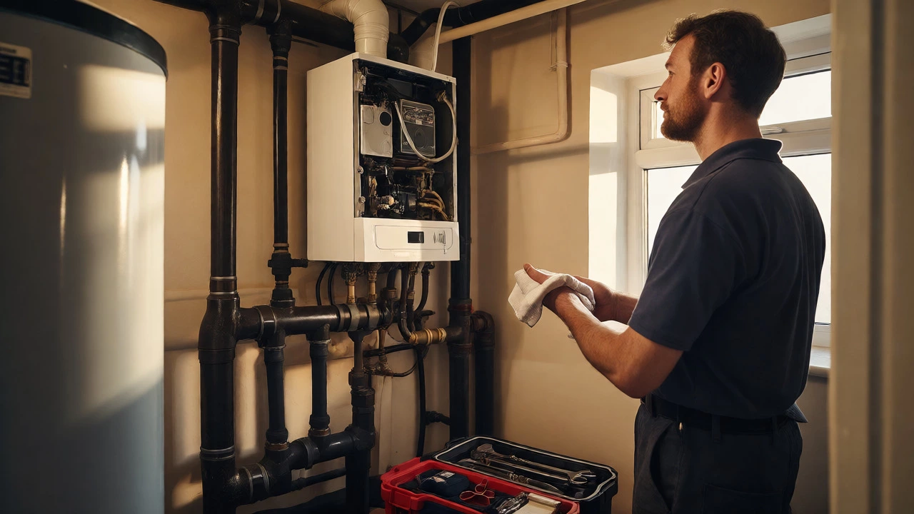 Technician reviewing a serviced system boiler in a utility room