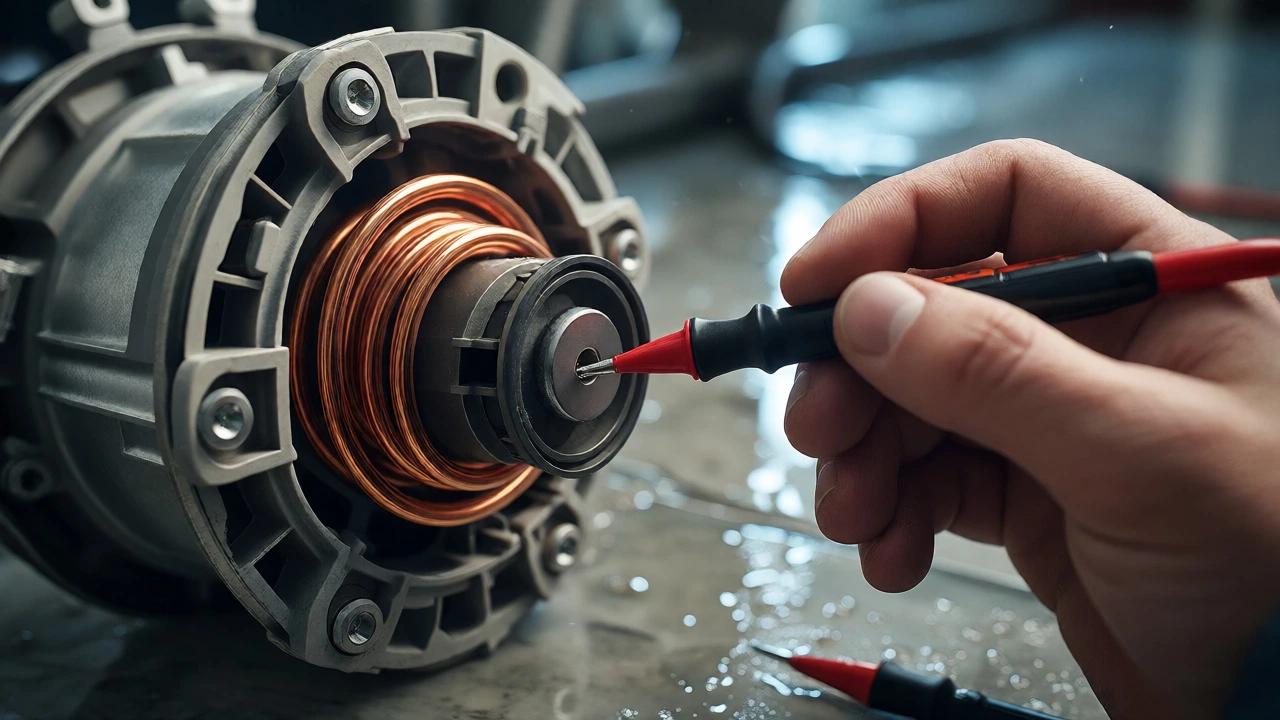 Technician testing dishwasher heating element with multimeter